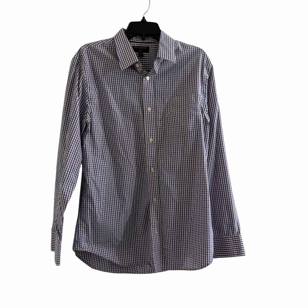 Banana Republic Non Iron Slim Fit Check Dress Shirt Mens Large Blue Orange - Picture 2 of 12